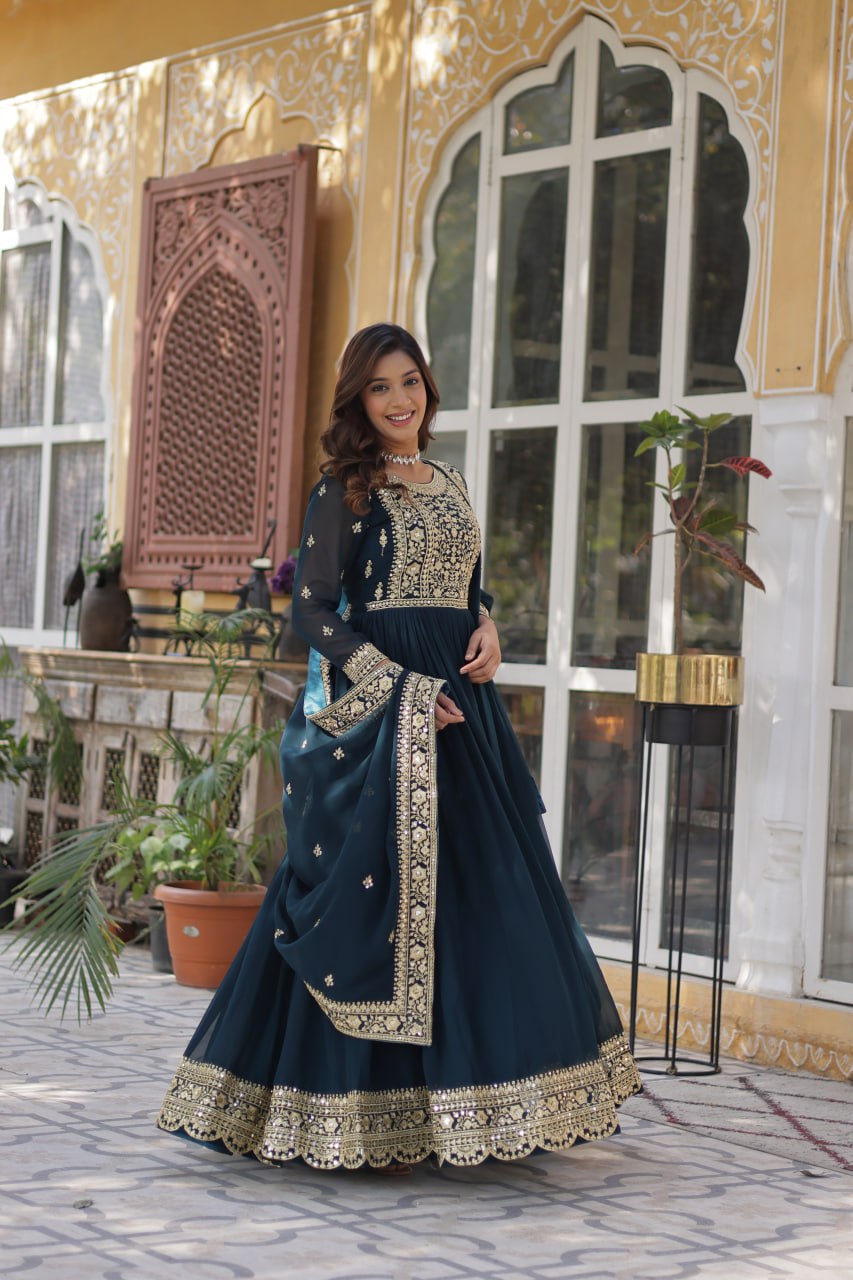 Premium Faux Blooming Bottle Green Gown Set with Zari Sequins Embroidery and Dupatta