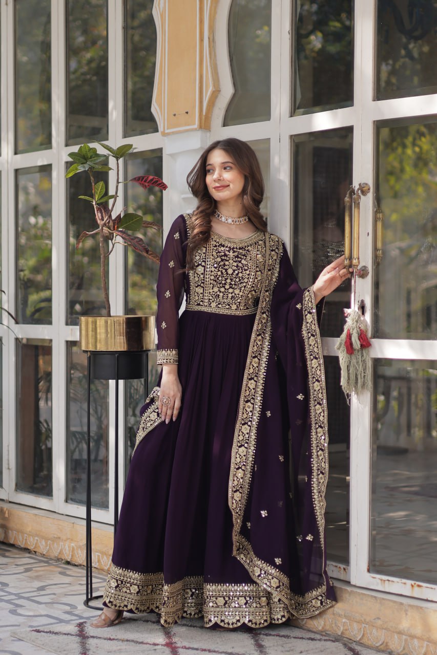 Premium Faux Blooming Purple Gown Set with Zari Sequins Embroidery and Dupatta