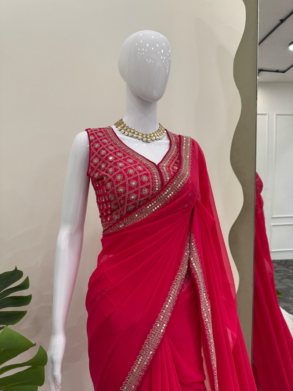 Elegant Faux Georgette Saree with Thread and Sequins Work and Matching Blouse