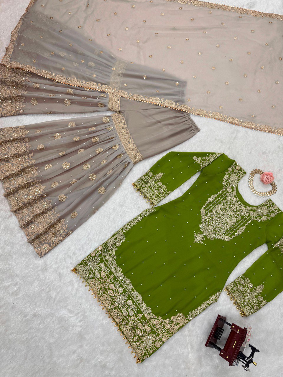 Designer Faux Georgette Green Suit Set with Sharara & Dupatta - Coding & Sequins Work, Pearl Embellishments, and Fancy Lace