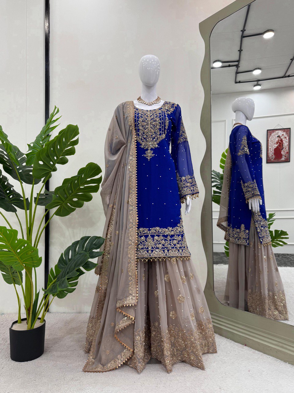 Designer Faux Georgette Blue Suit Set with Sharara & Dupatta - Coding & Sequins Work, Pearl Embellishments, and Fancy Lace