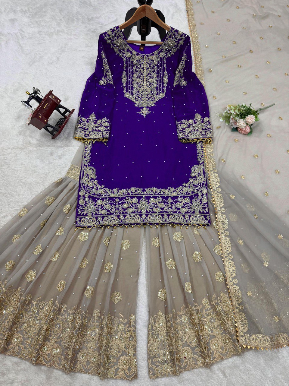 Designer Faux Georgette Purple Suit Set with Sharara & Dupatta - Coding & Sequins Work, Pearl Embellishments, and Fancy Lace