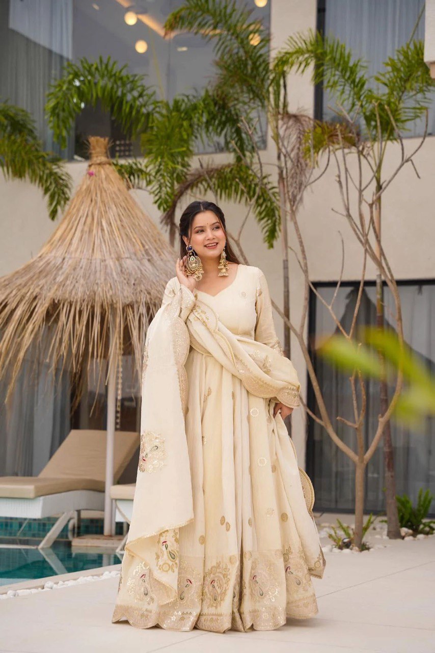Elegant Chinon Silk Off-White Gown with Coding and Sequins Work and Matching Dupatta – Party & Festive Wear