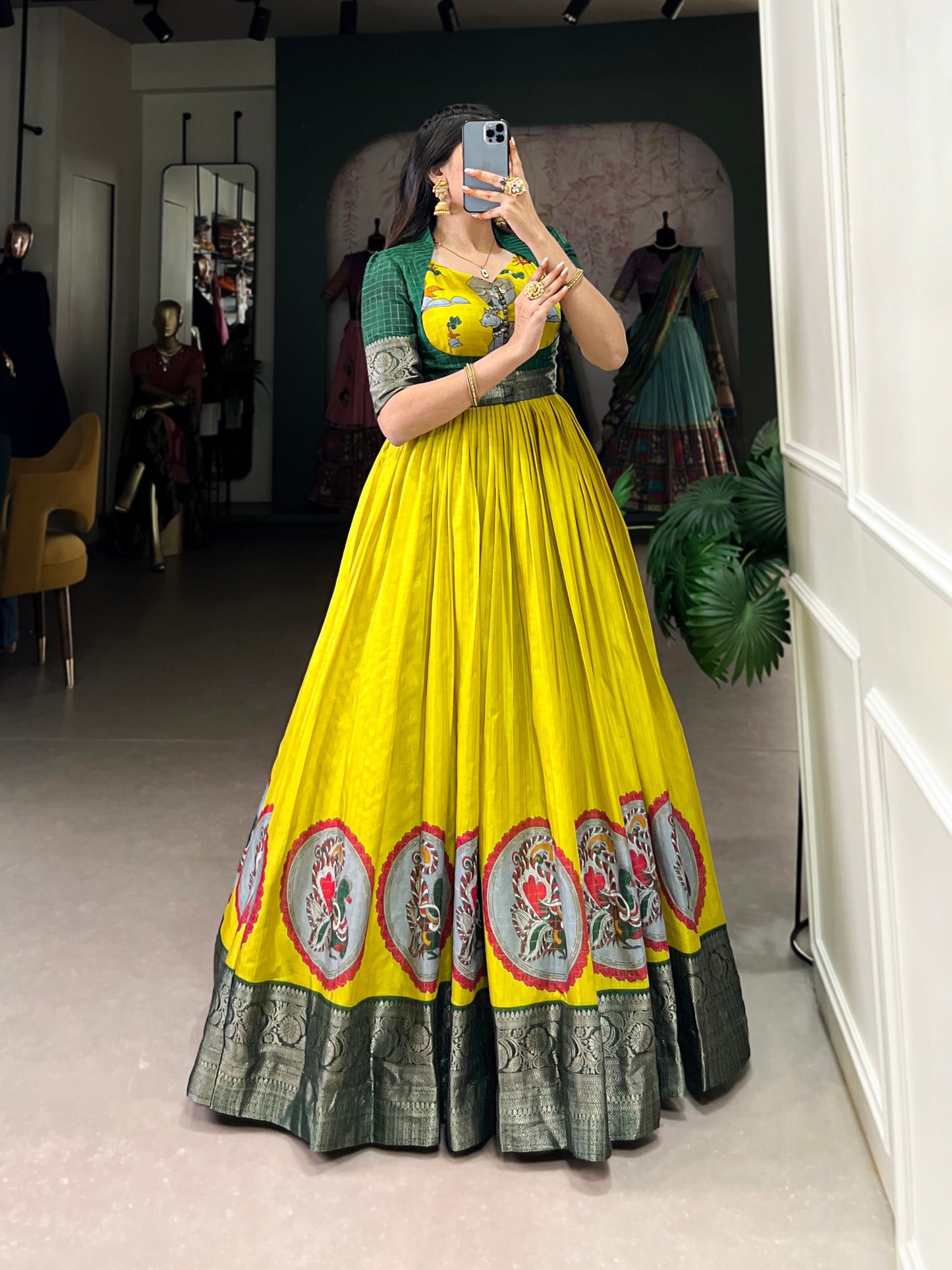 Elegant Dola Silk Kalamkari Print Yellow Gown with Zari Weaving Koti | Ethnic Wear for Women