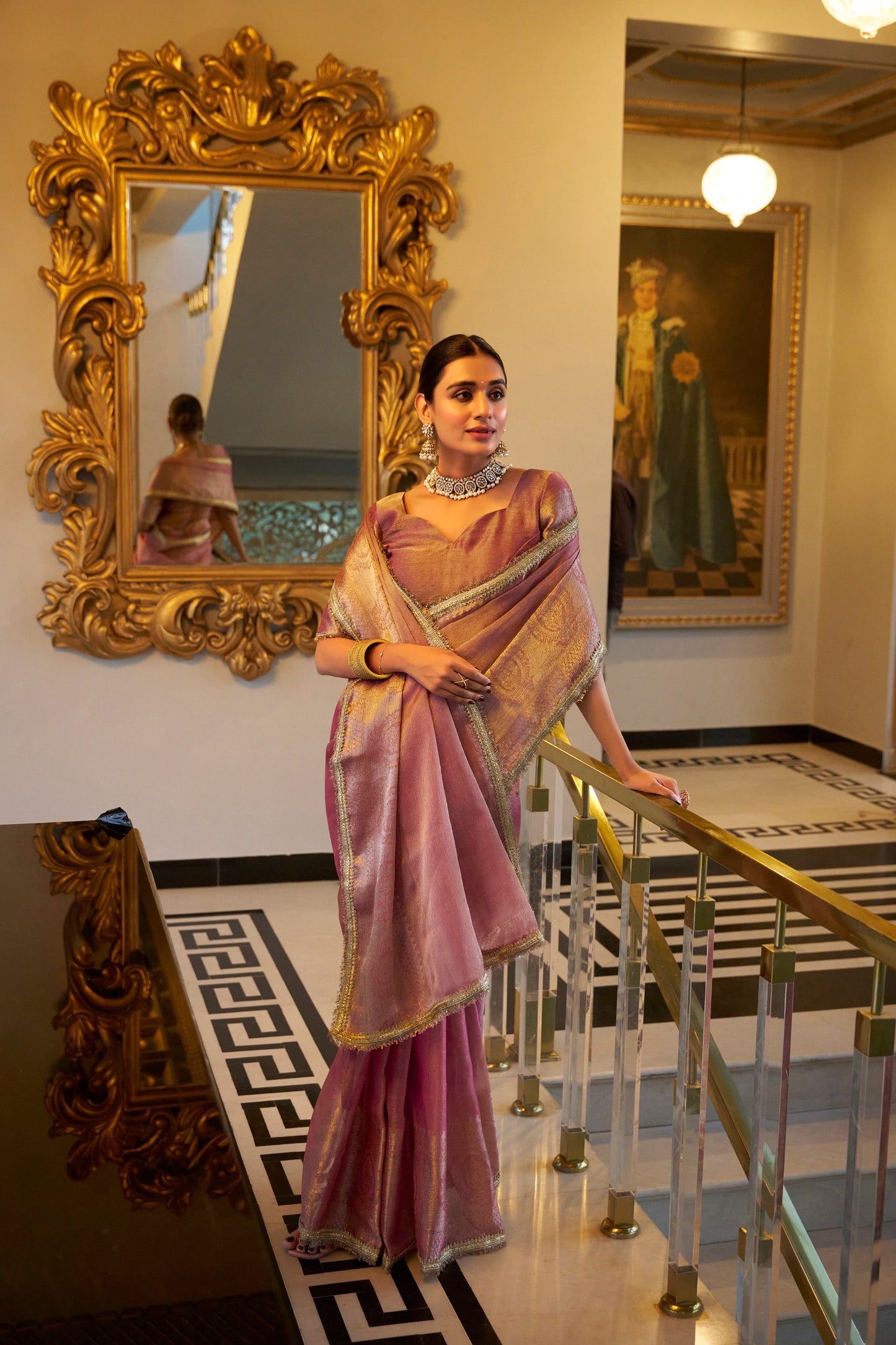 Tissue Shimmer Light Pink Saree with Zari Weaving and Sequins Lace Border