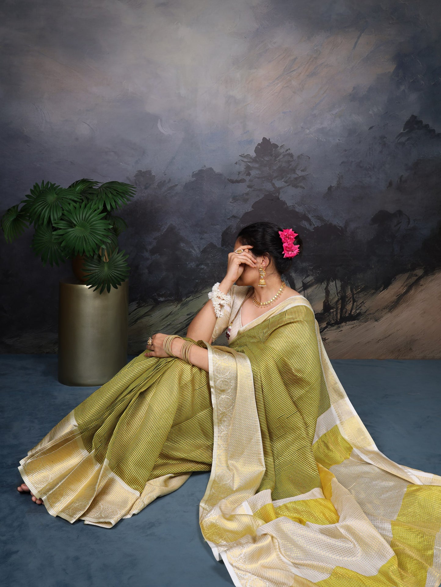 Jacquard Chex Green Saree with Zari Weaving and Unstitched Blouse