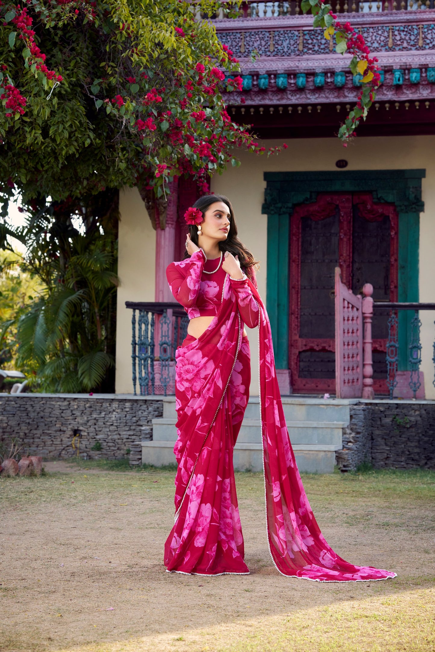 Elegant Floral Printed Pink Chiffon Saree with Pearl Lace Border and Matching Blouse