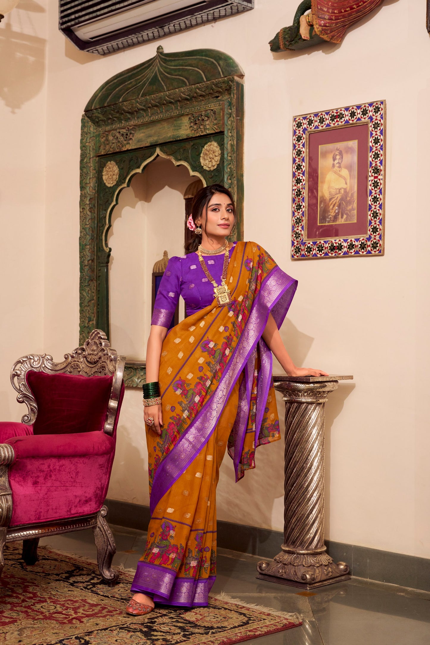 Kalamkari Print Poly Cotton Yellow Saree with Zari Weaving Work Border and Blouse