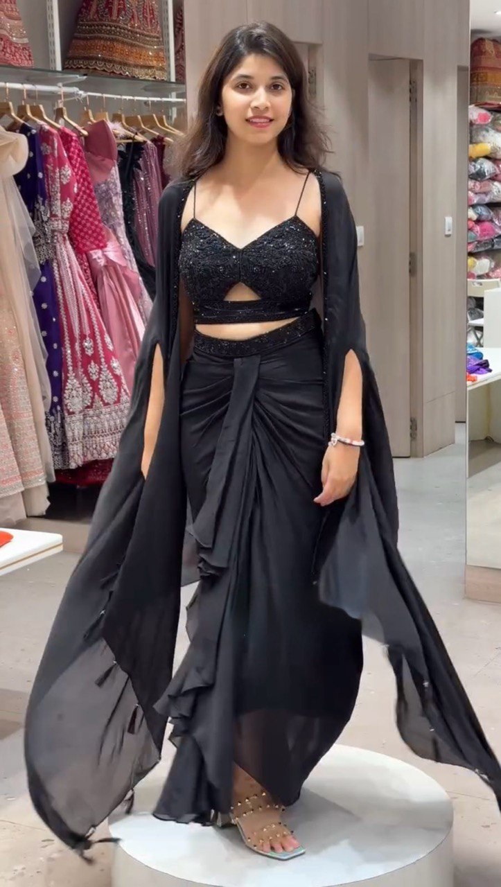 Black Satin Silk Thread Work Choli, Dhoti, and Shrug Set with Sequins