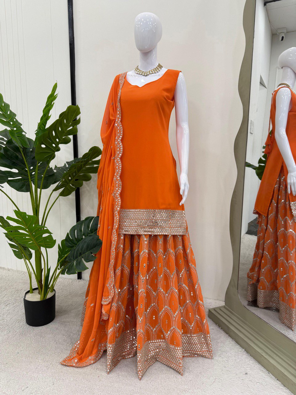 Foux Gorgette Thread Work Suit with 9mm Sequins and Dupatta