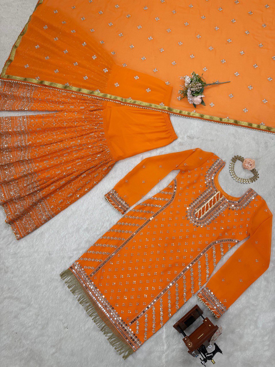 Foux Gorgette Thread Work Sharara Suit with 9mm Sequins and Dupatta
