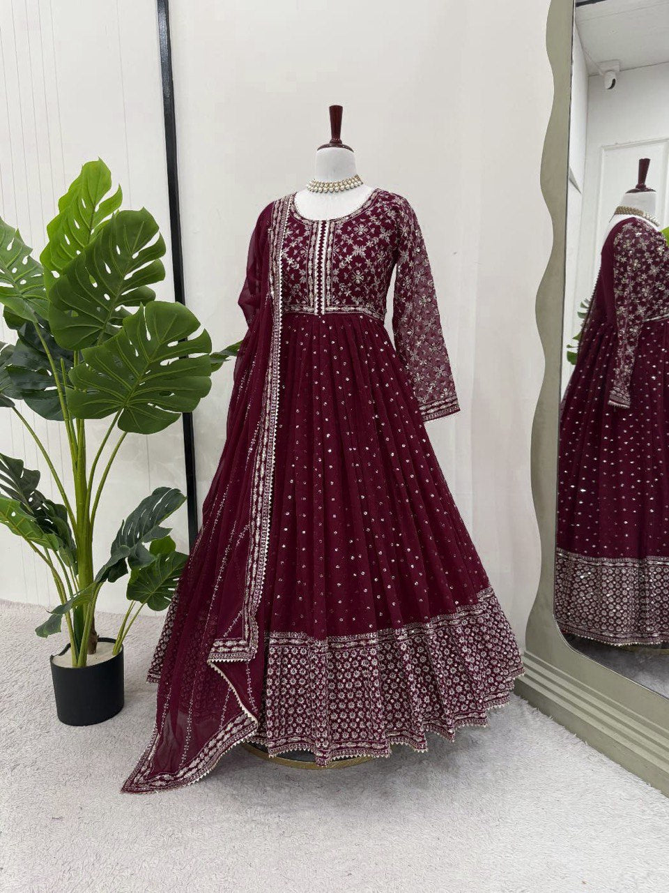 Foux Gorgette Thread Work Suit with Sequins and Dupatta