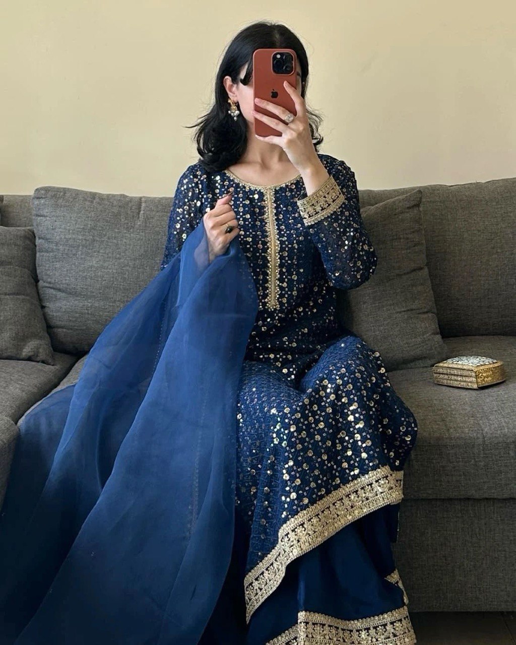 Foux Gorgette Thread Work Suit with Sequin Detailing and Butterfly Net Dupatta