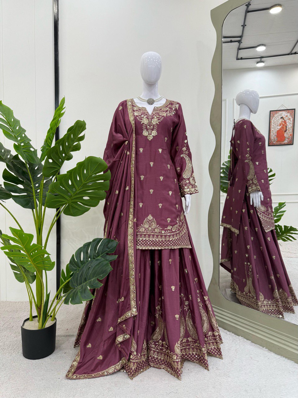 PInk Chinon Silk Thread Work Suit with Sequins and Lace Border Dupatta