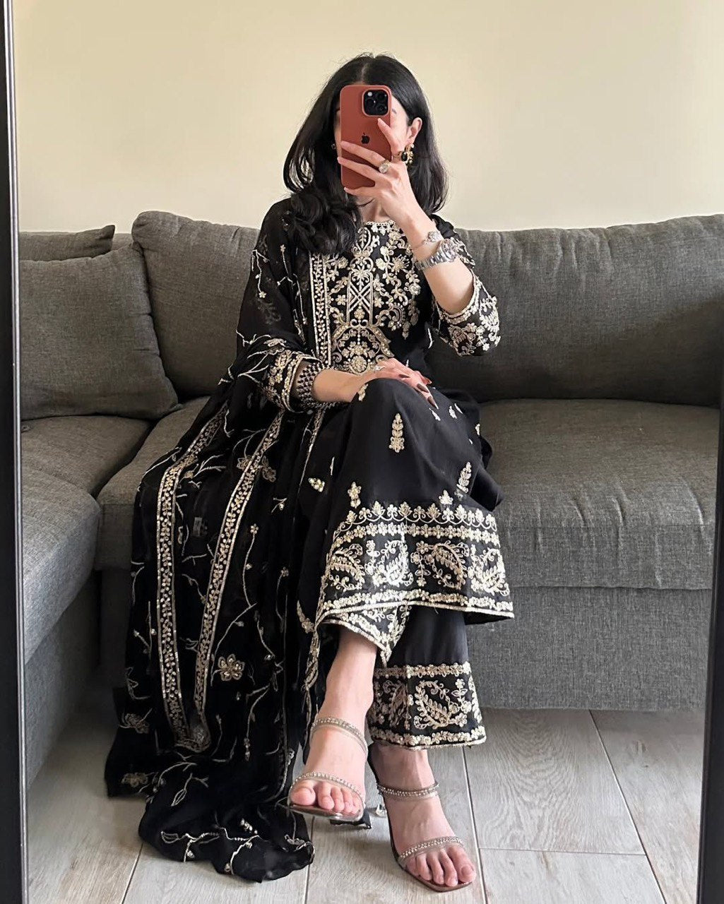 Foux Gorgette Thread Work Black Suit with Sequins and Lace Border Dupatta