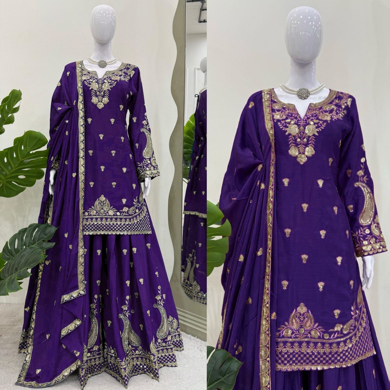 Purple Chinon Silk Thread Work Suit with Sequins and Lace Border Dupatta