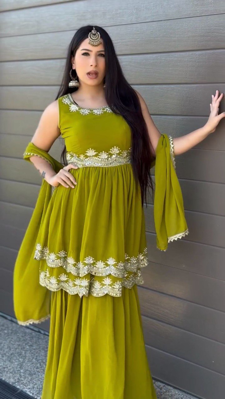 Foux Gorgette Suit with Lace Border Detailing and Plazo Set