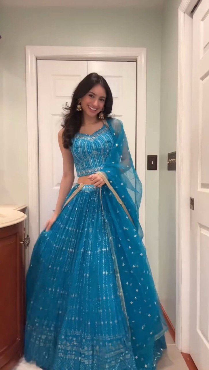 Foux Gorgette Semi-Stitched Lehenga Set with 3 Meter Flair and Sequin Work