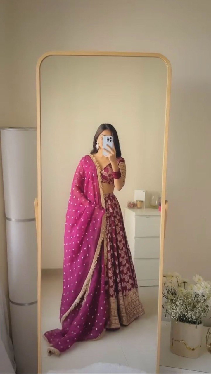 Purple Jequard Semi-Stitched Lehenga Set with Sequins and 4 Meter Flair