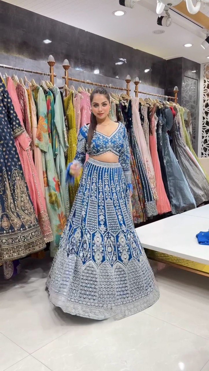 Blue Faux Georgette Semi-Stitched Lehenga Set with Coding Dori & Sequin Work