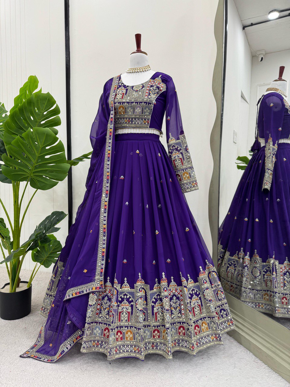 Foux Georgette Semi-Stitched Lehenga Set with Coding Dori, Thread & Sequin Work