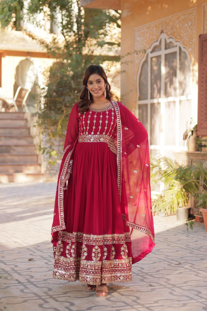 Pink Faux Blooming Embroidered Gown with Dupatta – Zari & Sequin Work