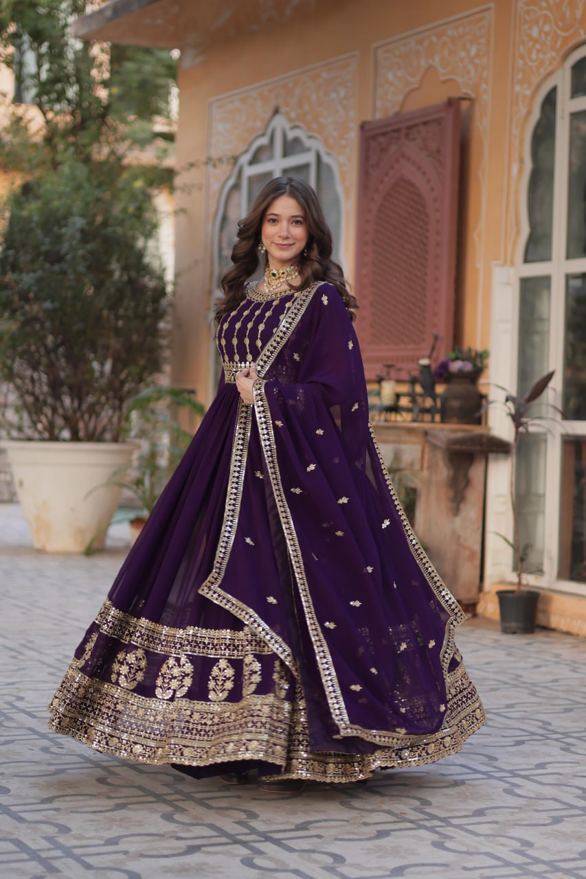 Purple Faux Blooming Embroidered Gown with Dupatta – Zari & Sequin Work