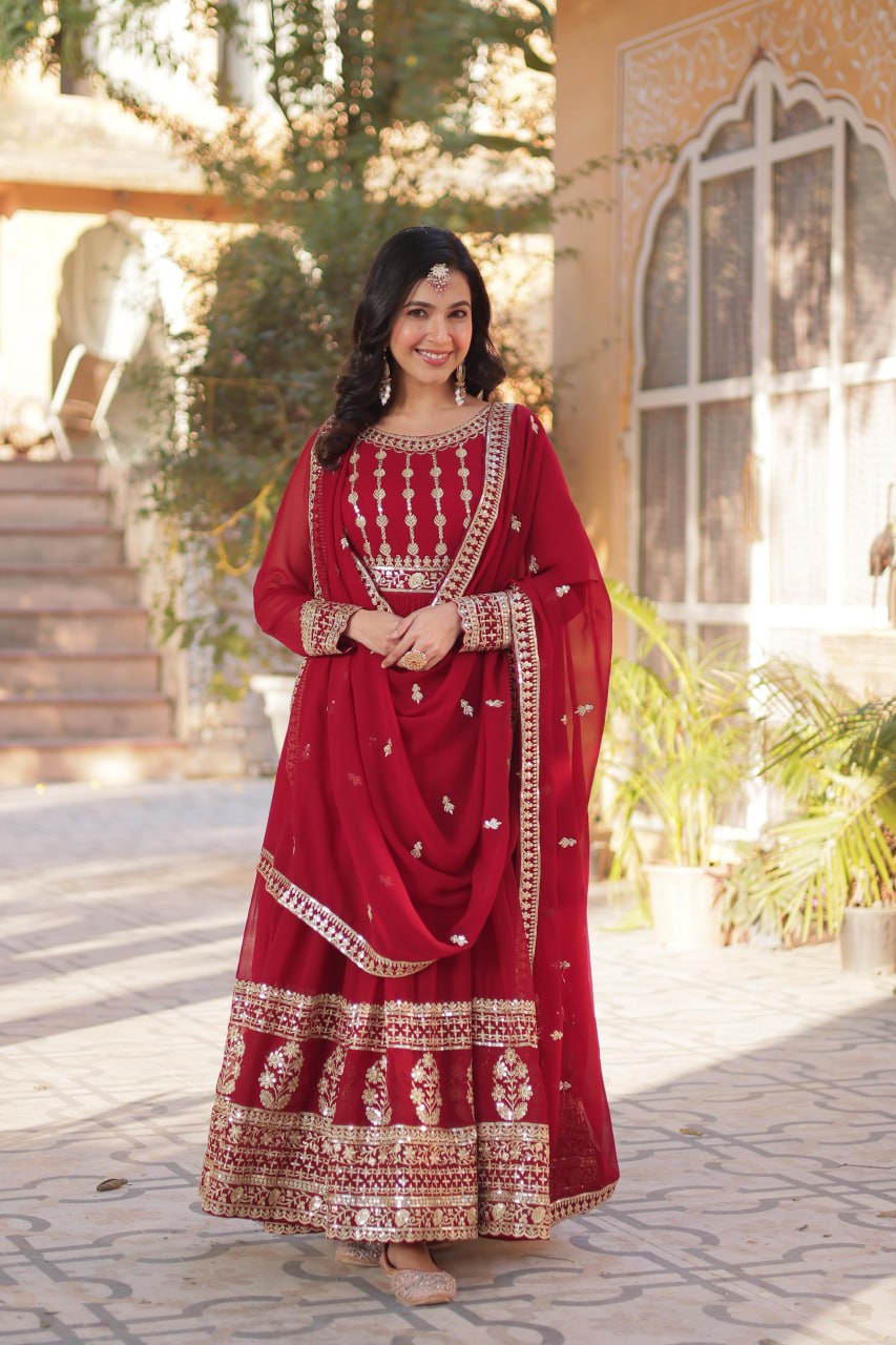 Red Faux Blooming Embroidered Gown with Dupatta – Zari & Sequin Work
