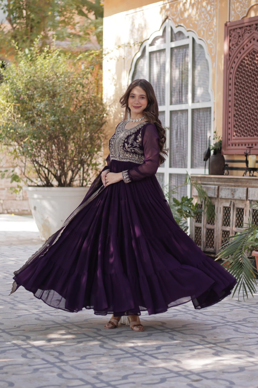 Purple Faux Blooming Georgette Gown with Pearl Embroidery & Dupatta