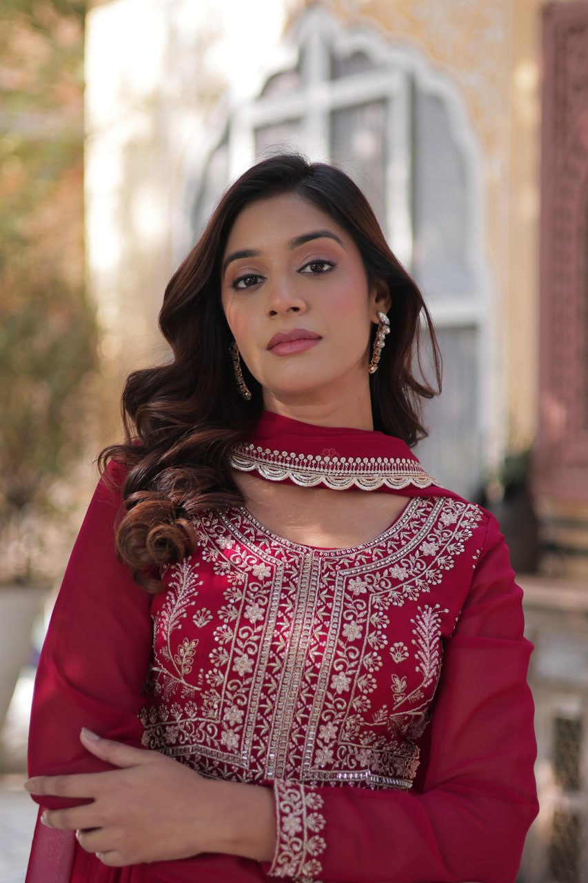 Rani Pink Faux Blooming Georgette Gown with Pearl Embroidery & Dupatta