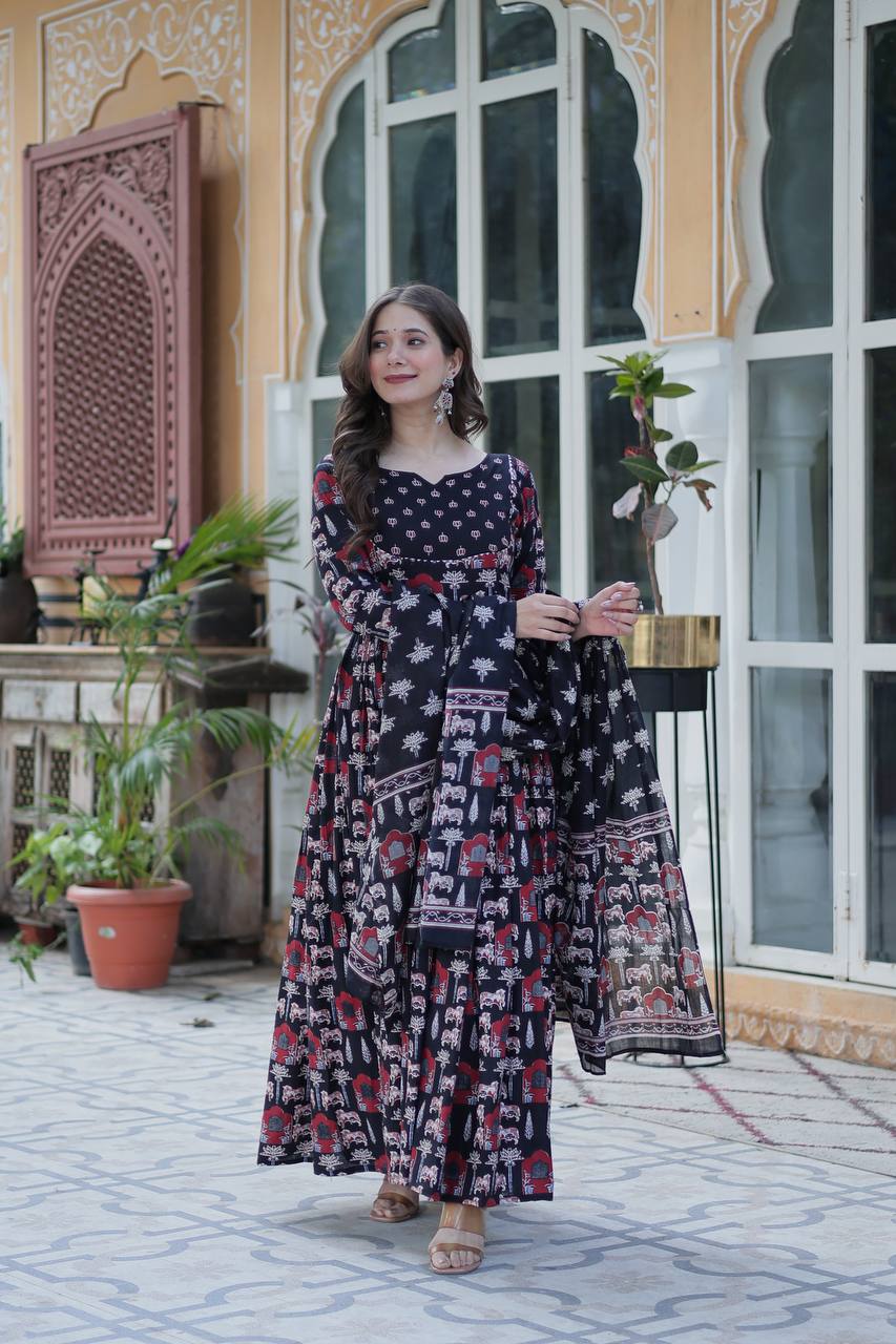 Pure Cotton Navy Blue Suit Set with Fancy Round Neck – Elegant Everyday Wear