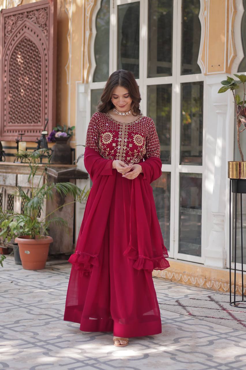 Red Embroidered Faux Blooming Georgette Gown with Dupatta