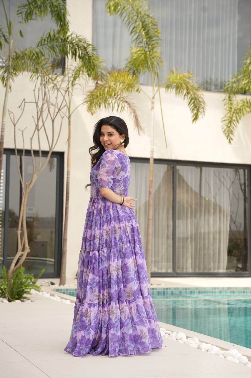 Printed Faux Georgette Purple Gown with Fancy V Neck – 12 Meter Flair Elegance
