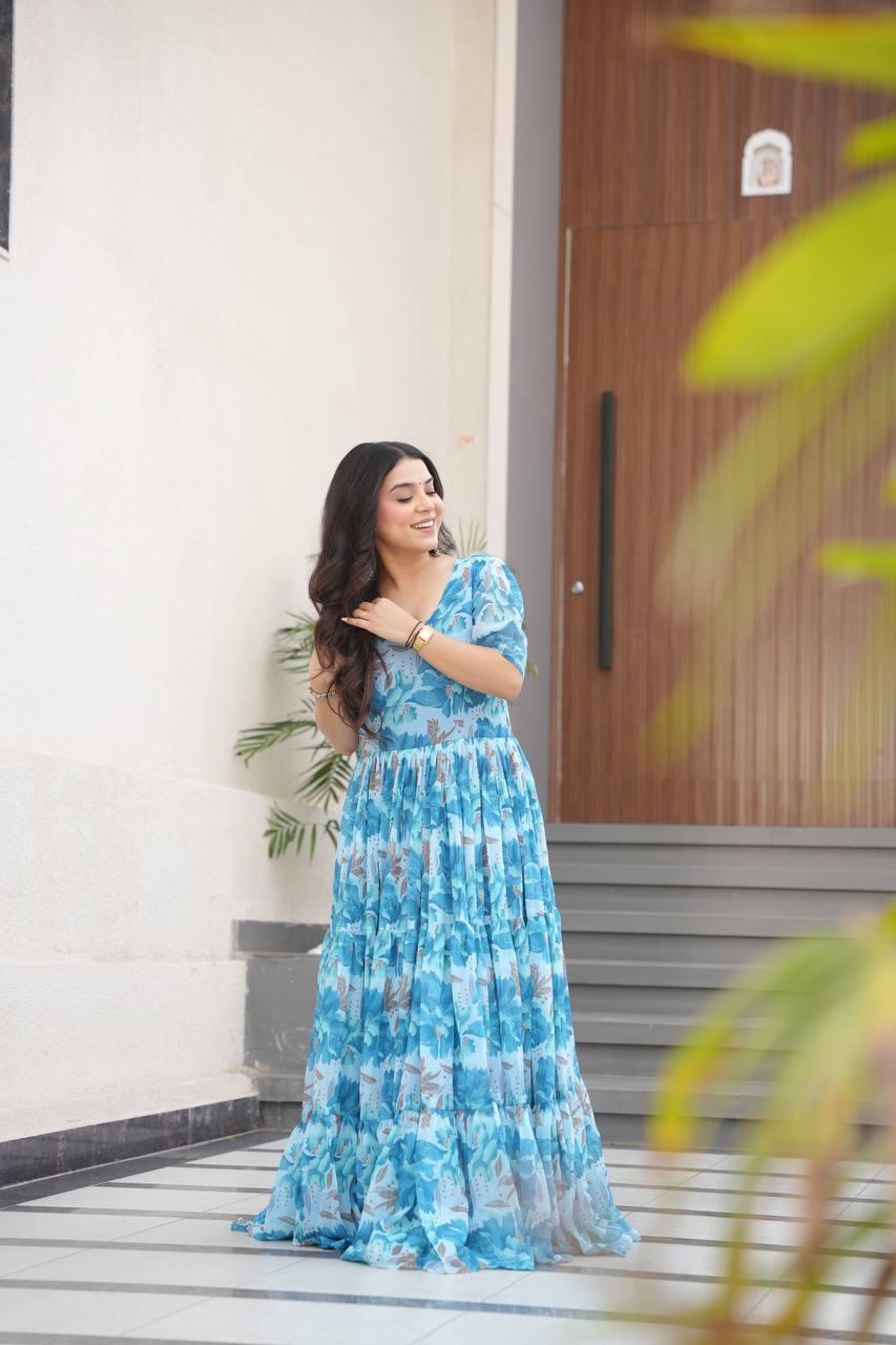 Printed Faux Georgette Blue Gown with Fancy V Neck – 12 Meter Flair Elegance