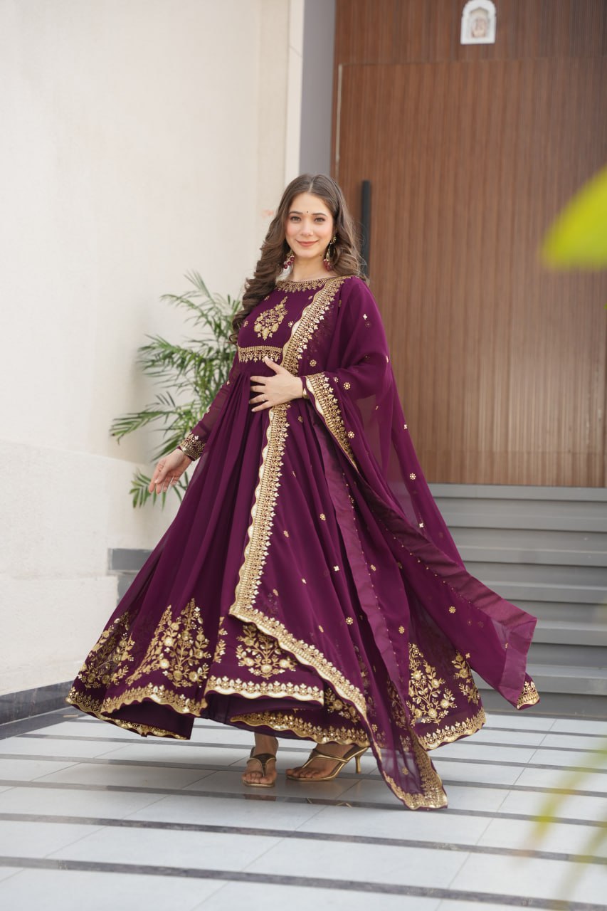Purple Faux Blooming Georgette Embroidered Gown with Dupatta