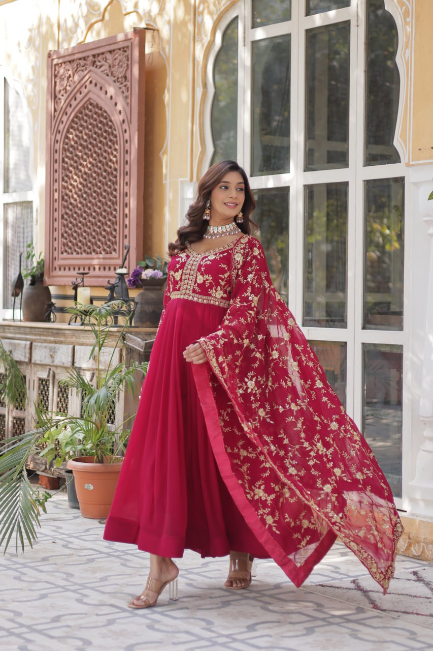 Pink Faux Blooming Multi-Sequins & Zari Embroidered Gown with Dupatta