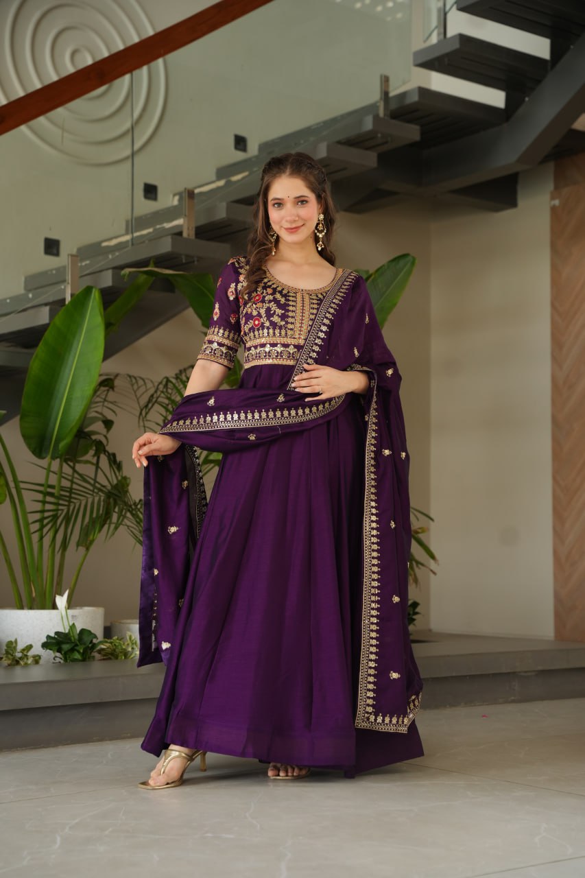 Vichitra Silk Sequins & Zari Embroidered Purple Gown with Dupatta