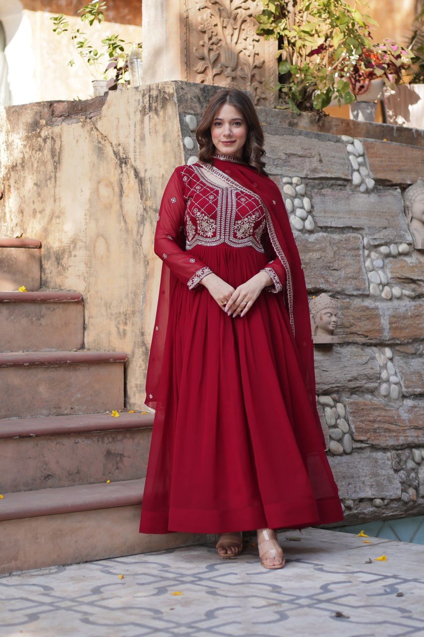 Maroon Faux Blooming Sequins & Beads Embroidered Gown with Dupatta