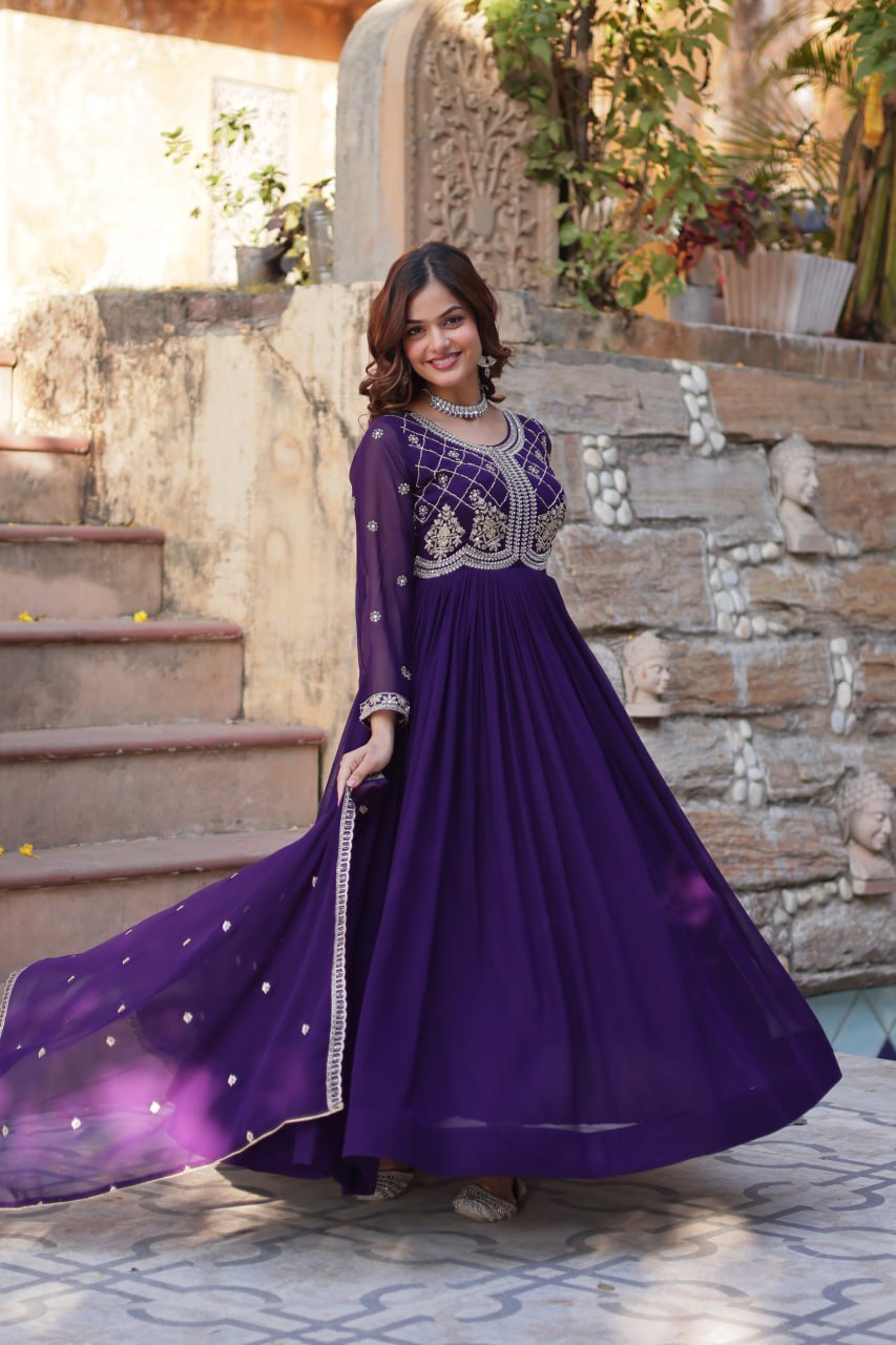 Purple Faux Blooming Sequins & Beads Embroidered Gown with Dupatta
