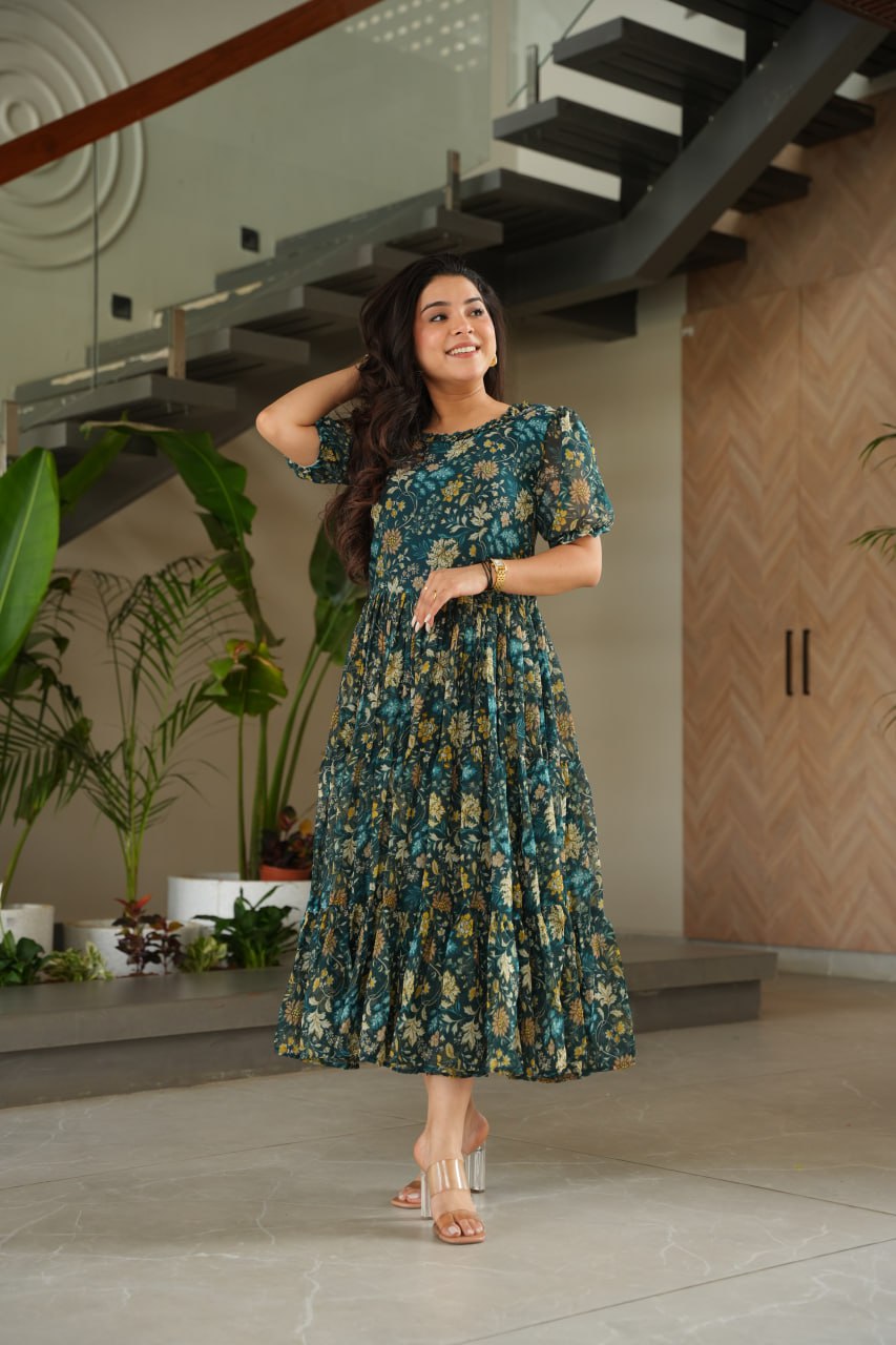 Green Printed Faux Georgette Gown with Cotton Lining – 12 Meter Flair
