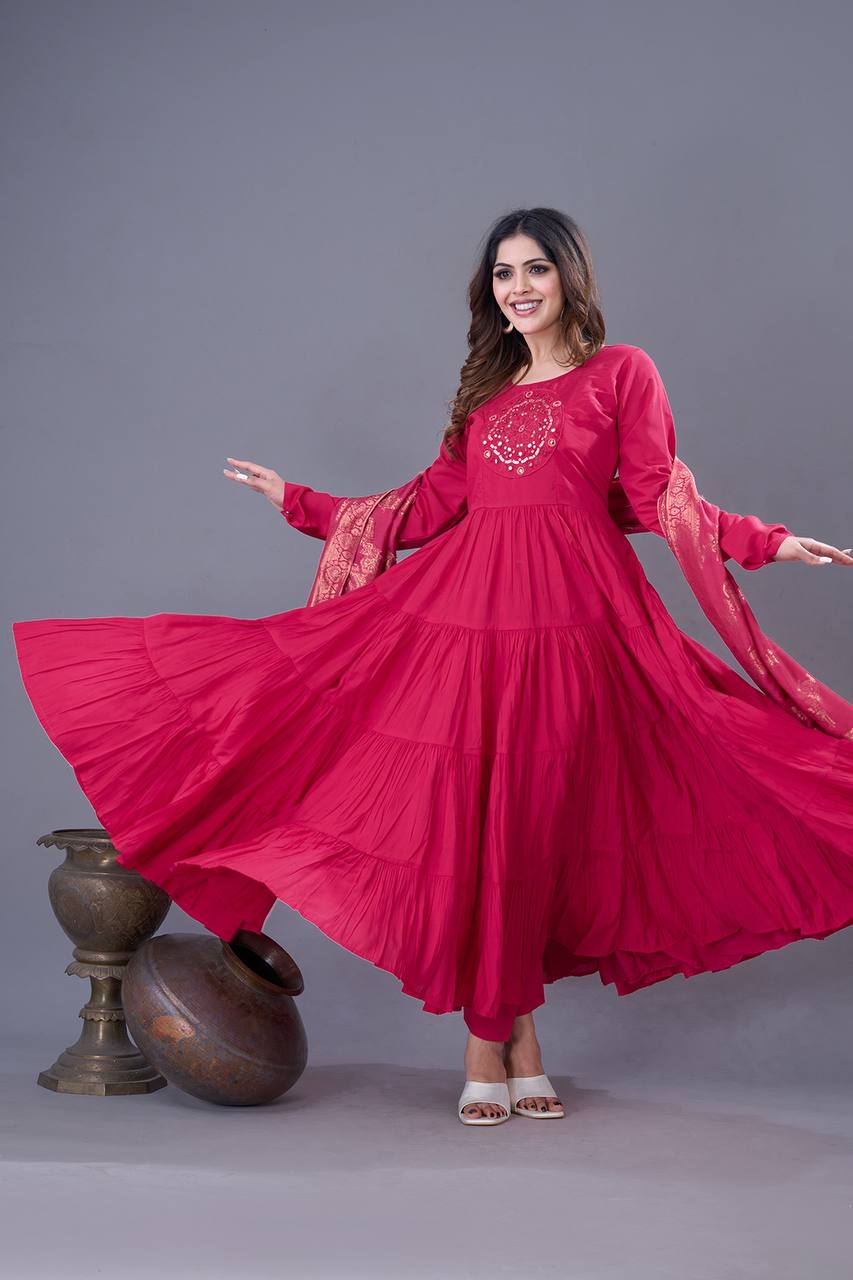 Elegant Rani Pink Roman Silk Gown Set | Festive & Wedding Wear