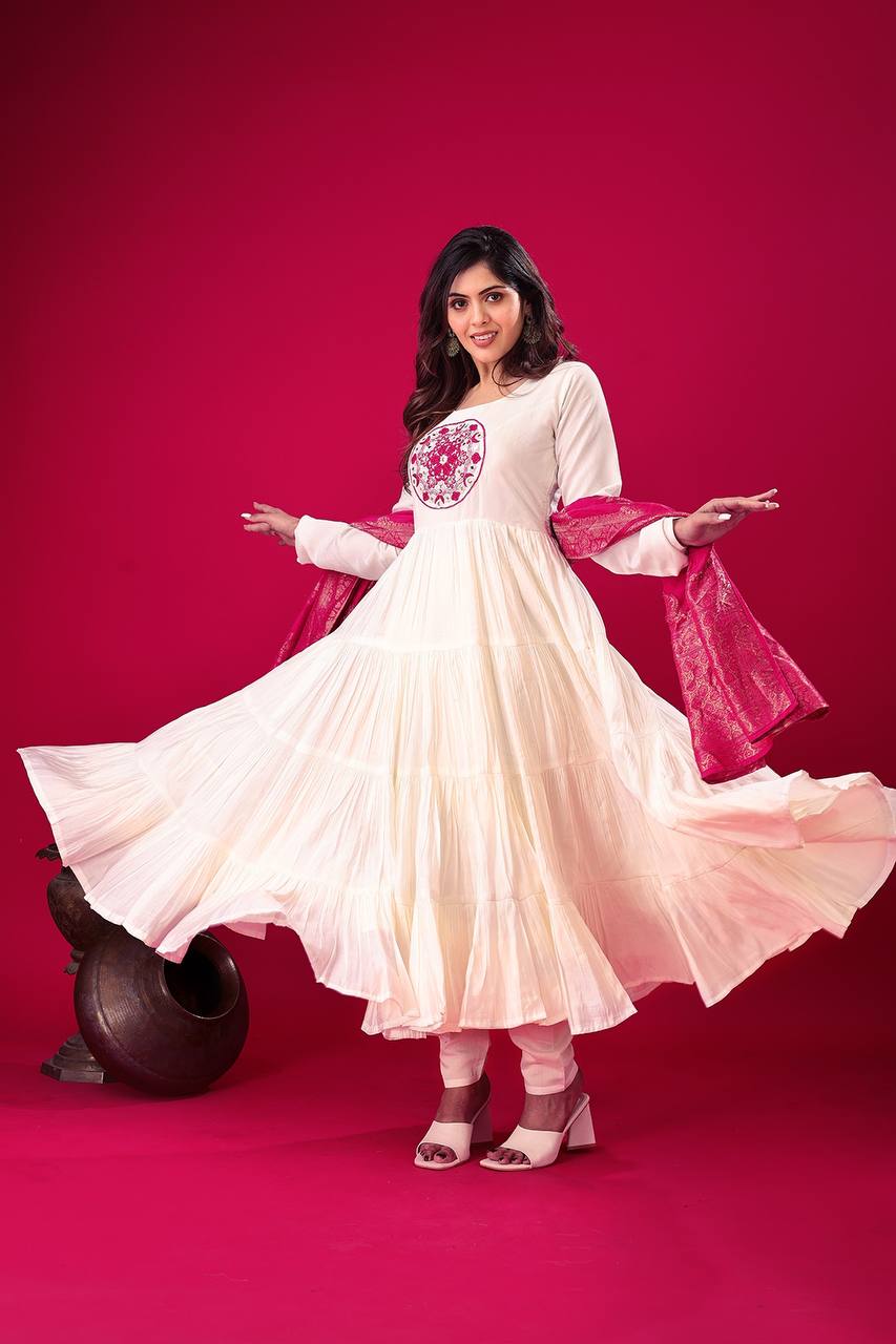 Elegant Off White Roman Silk Gown Set | Festive & Wedding Wear