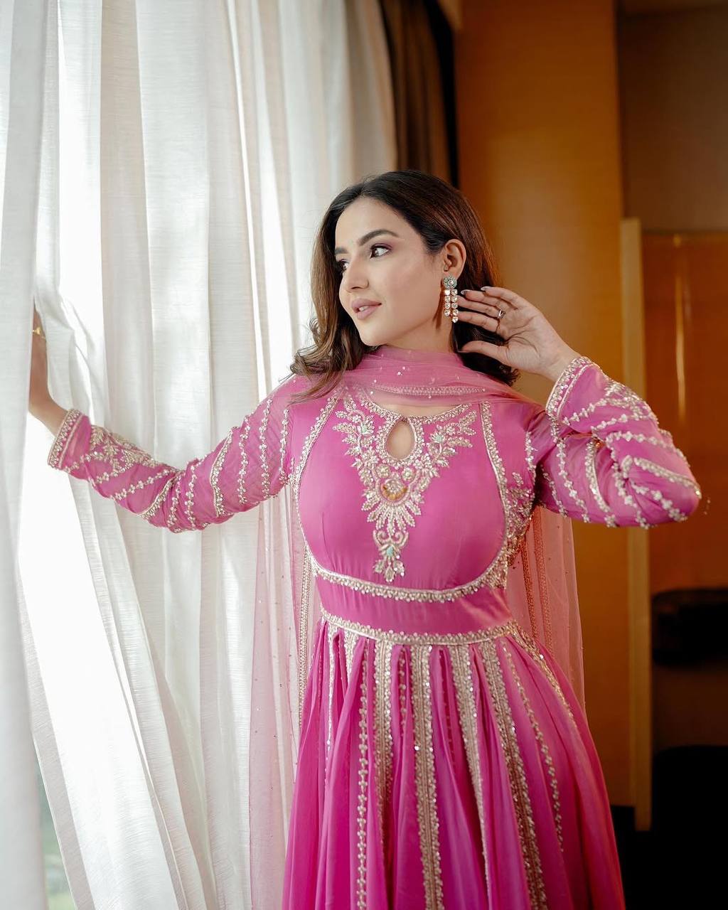 Faux Georgette Embroidered Gown Set with Dupatta – Elegant Festive Wear