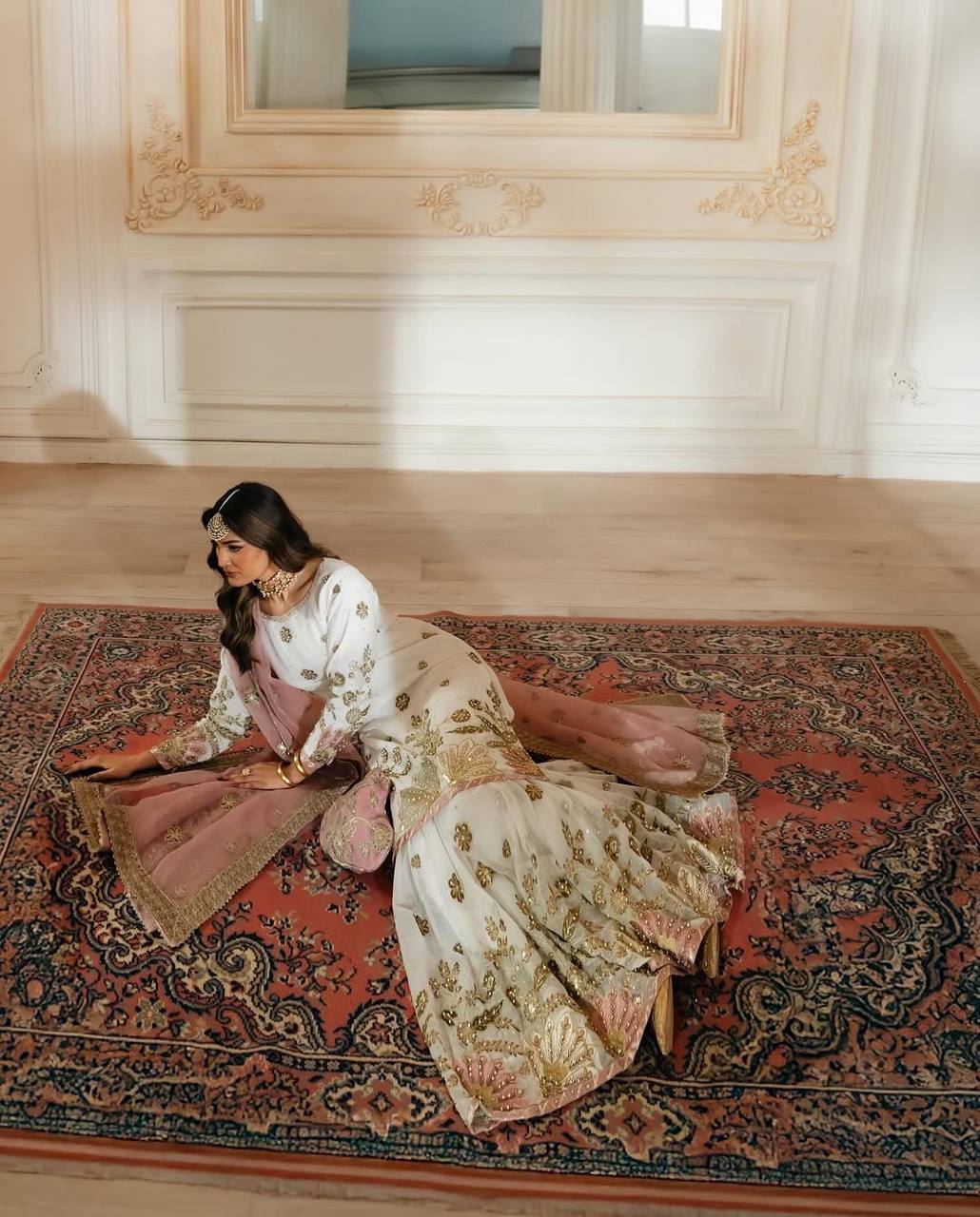 Heavy White Faux Georgette Embroidered Sharara Set with Net Dupatta – Fully Stitched