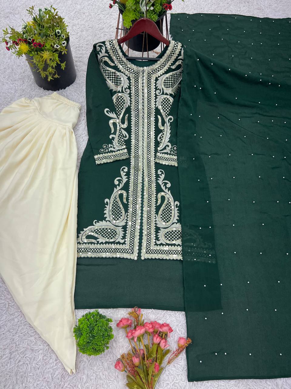 Heavy Green Chinon Silk Embroidered Dhoti Style Suit with Rivet Moti Dupatta – Fully Stitched