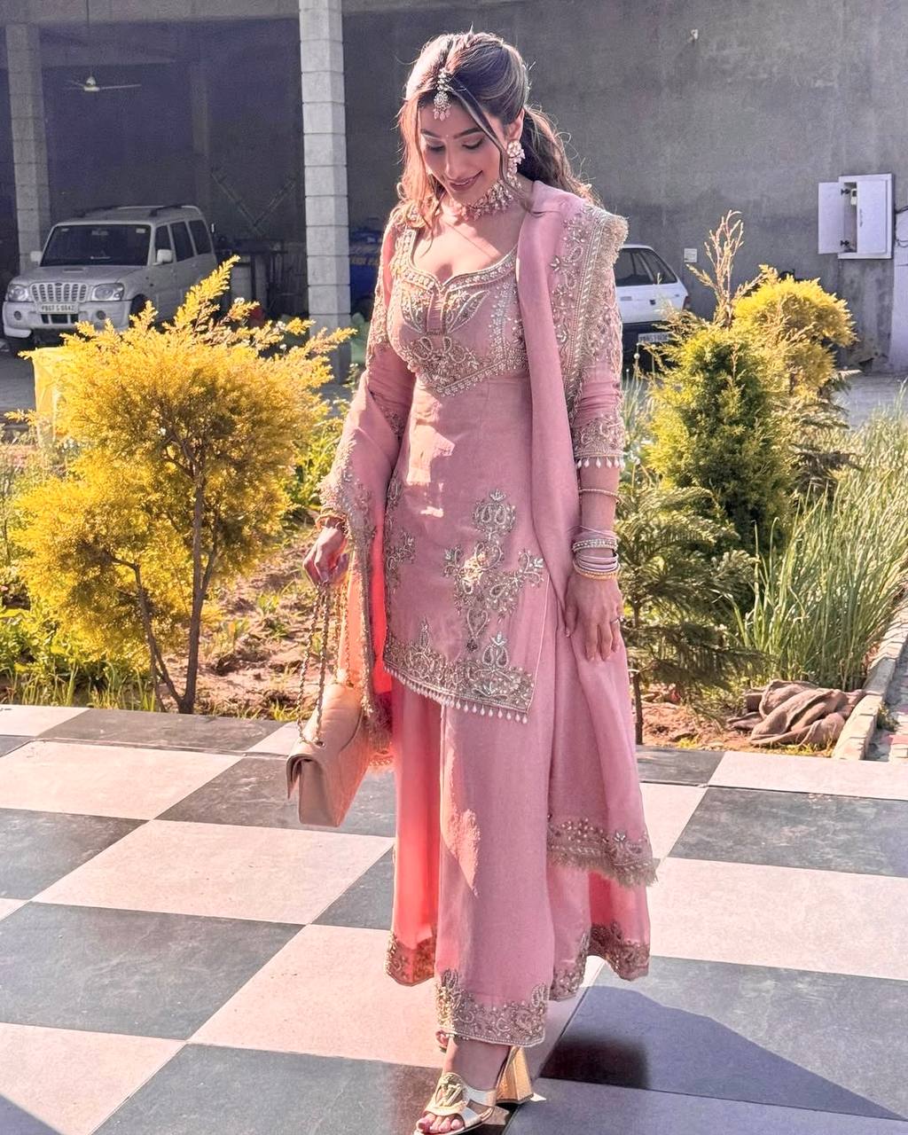 Heavy Pure Chinnon Pink Sharara Suit with Embroidery Sequence and Dupatta – Fully Stitched