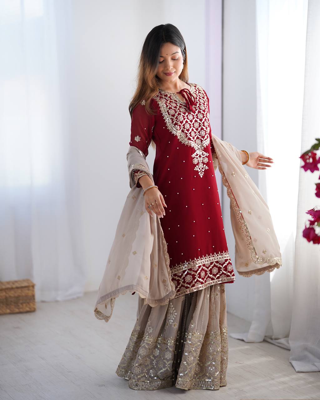Heavy Maroon Faux Georgette Sharara Suit with 5mm Embroidery Sequence – Fully Stitched Set