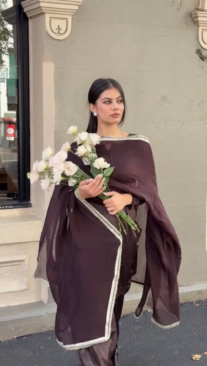 Japan Satin Brown Farshi Pant Suit with Blooming Georgette Dupatta – Fully Stitched