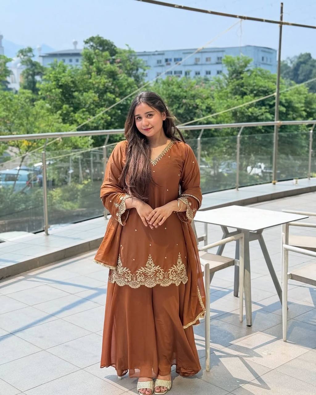 Faux Georgette Sharara Suit with Moti & Sequence Work – Fully Stitched Set