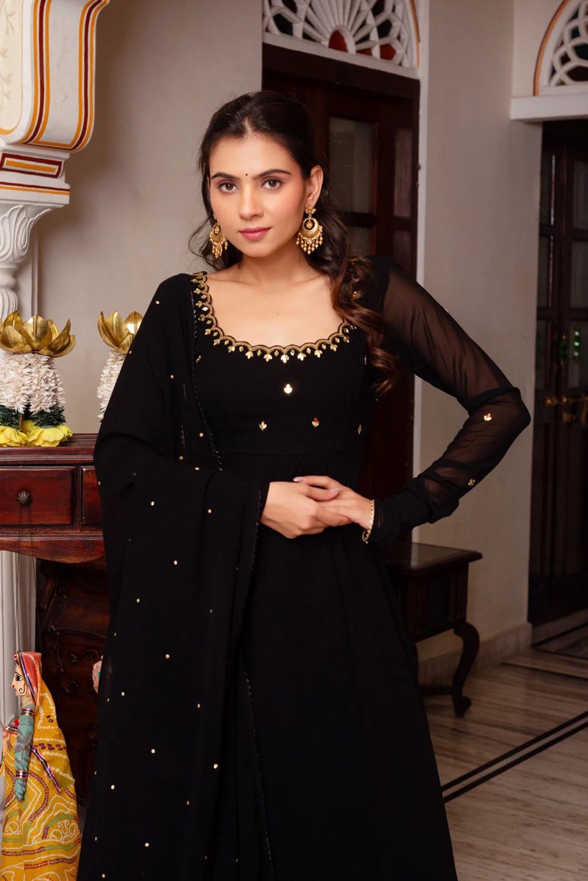 Black Faux Georgette Handwork Suit Set with Rivet Moti Dupatta – Fully Stitched